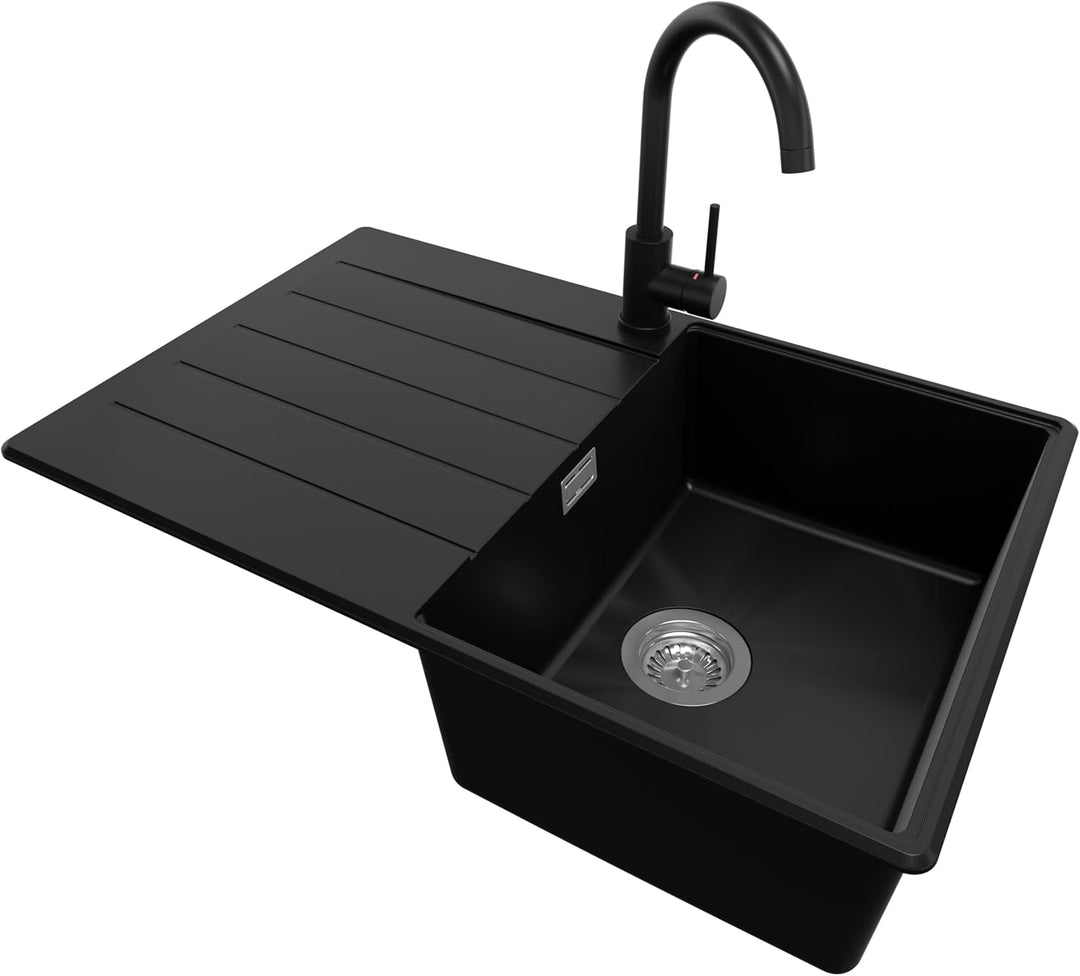 PRIMAGRAN Spülbecken Schwarz 78x50cm, Spülbecken 1 Becken + Küchenarmatur 32x20cm + Ablauf-Set, Küch