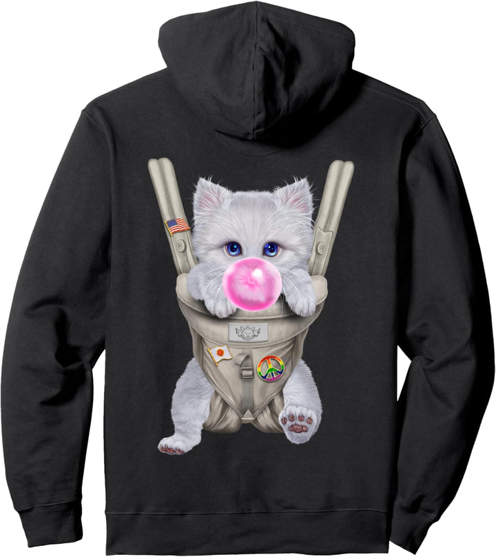 Weisse Katze mit Kaugummi in der Babytrage Pullover Hoodie