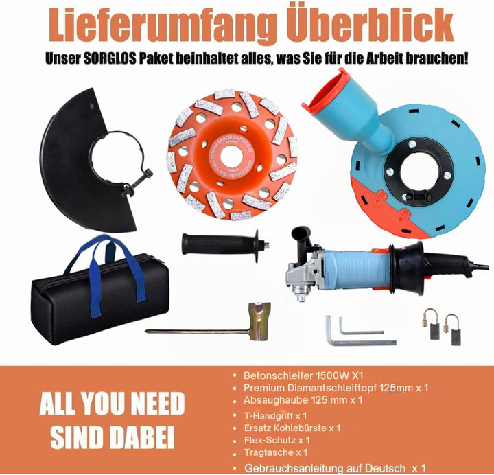 FANZWORK 1500W Betonschleifer Betonfräse Set, Drehzahlregelbar, inkl. Premium 125mm Diamantschleifto
