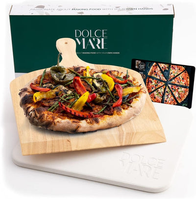 DOLCE MARE Pizzastein beige Inkl. Holz-Pizzaschieber - Pizza Stein aus hochwertigem Cordierit für Ba