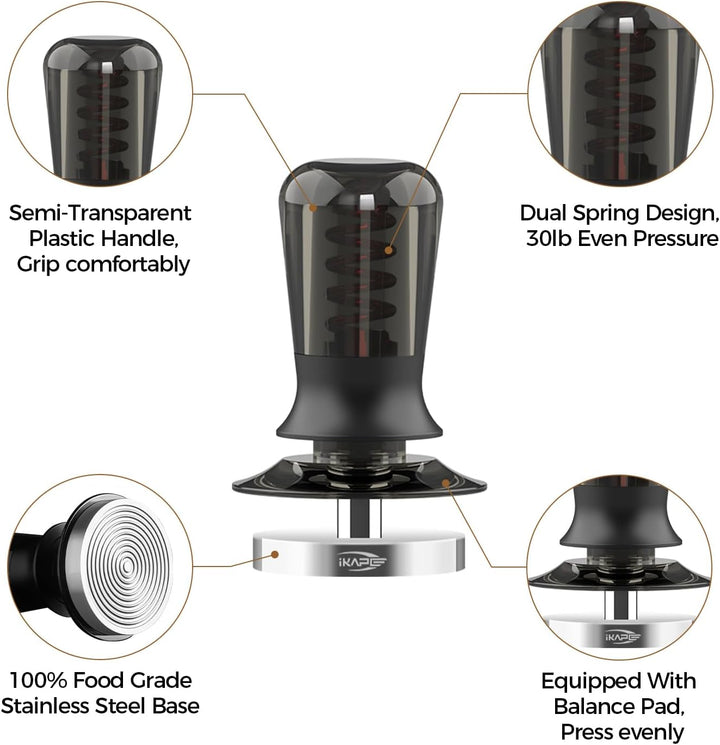 IKAPE 51-mm-Kaffeetamper für Espresso, federkalibrierter Tamper mit halbtransparentem Design, Tamper