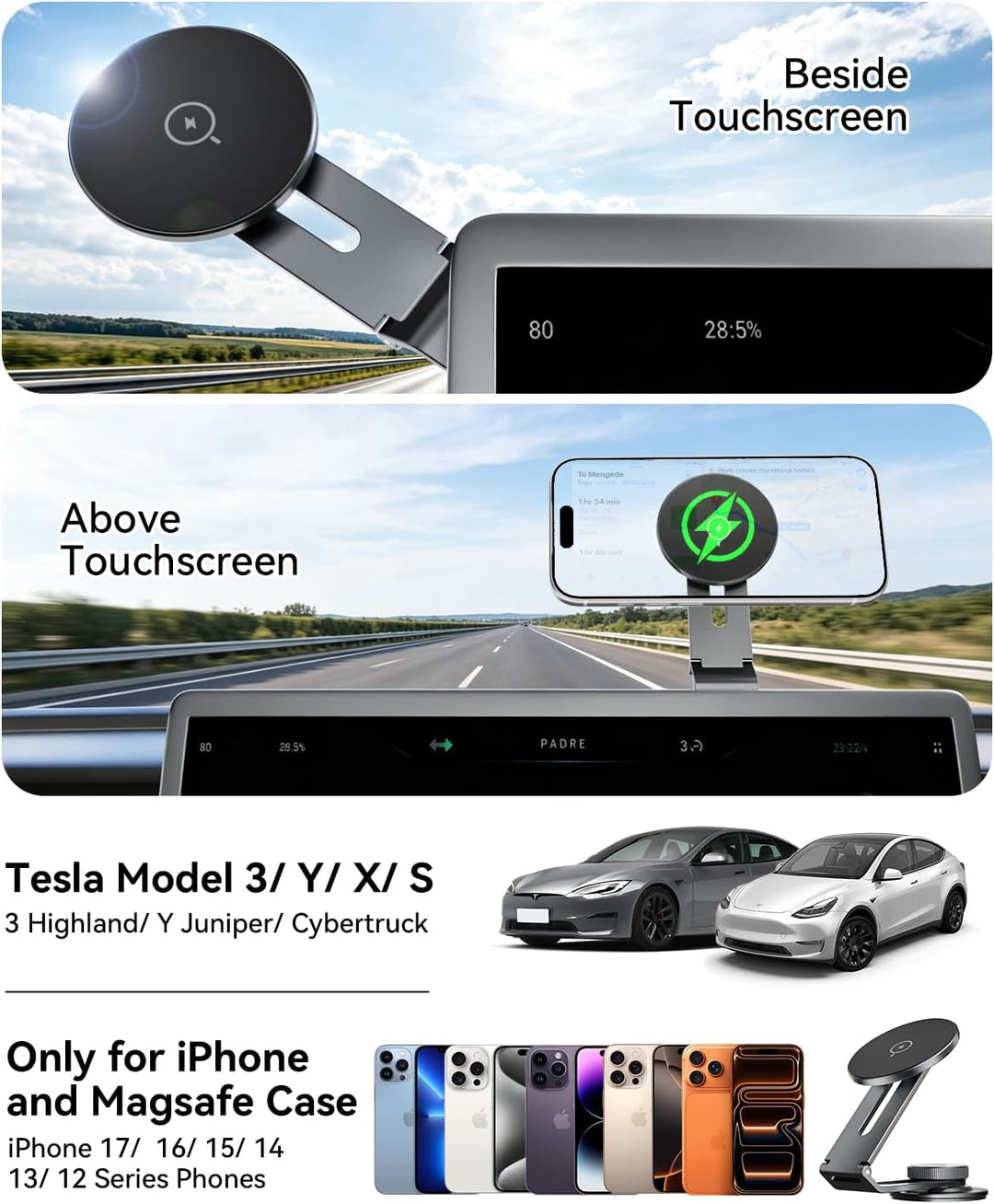 15W für MagSafe Handyhalterung Auto mit Ladefunktion für Tesla Model 3/Y/S/X/Cybertruck, Klappbares