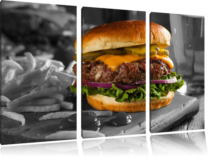 Pixxprint Saftiger Chili Cheese Burger Schwarz/Weiss 3-Teiler Leinwandbild 120x80 Bild auf Leinwand