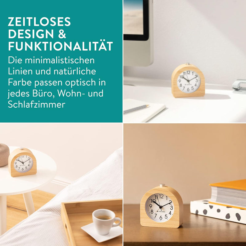 Navaris Holz Wecker Analog ohne Ticken - Batteriebetrieben - Wecker ohne Ticken - Mit Snooze Schlumm