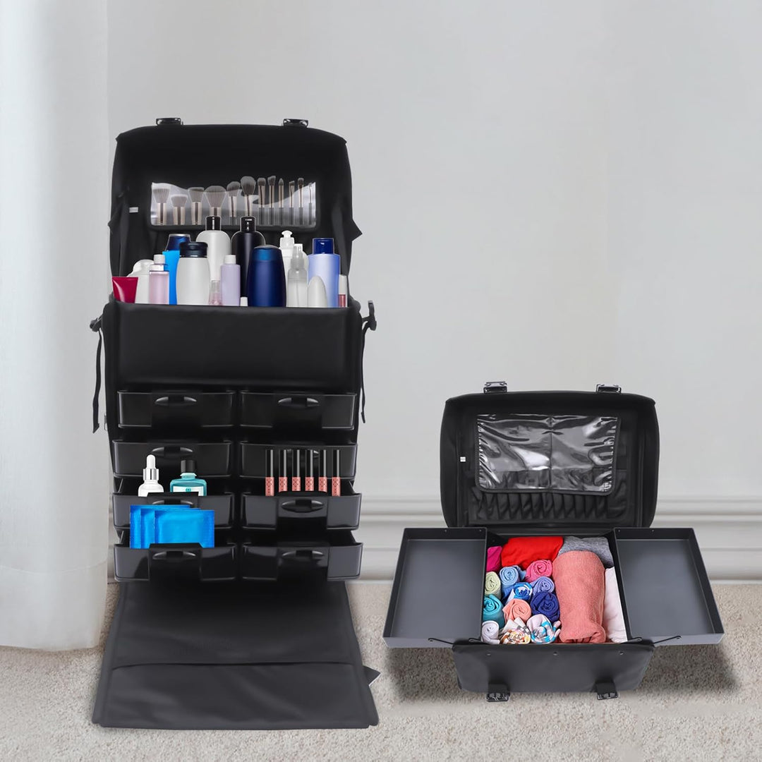 2 in 1 Kosmetikkoffer, Abnehmbarer Kosmetikkoffer Trolley mit Rollen und Deichsel, Friseurkoffer mit