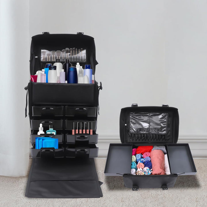 2 in 1 Kosmetikkoffer, Abnehmbarer Kosmetikkoffer Trolley mit Rollen und Deichsel, Friseurkoffer mit