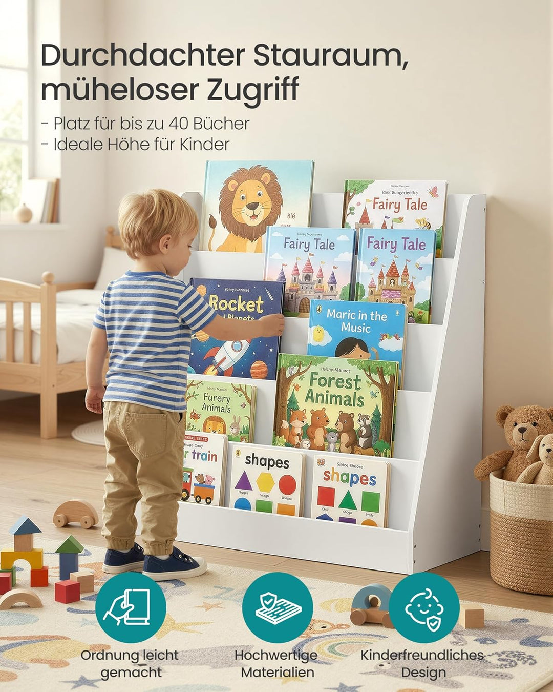 SONGMICS Bücherregal Kinder, Kinderregal, Montessori Regal mit 5 Ebenen, für Bilderbücher, Kinderzim
