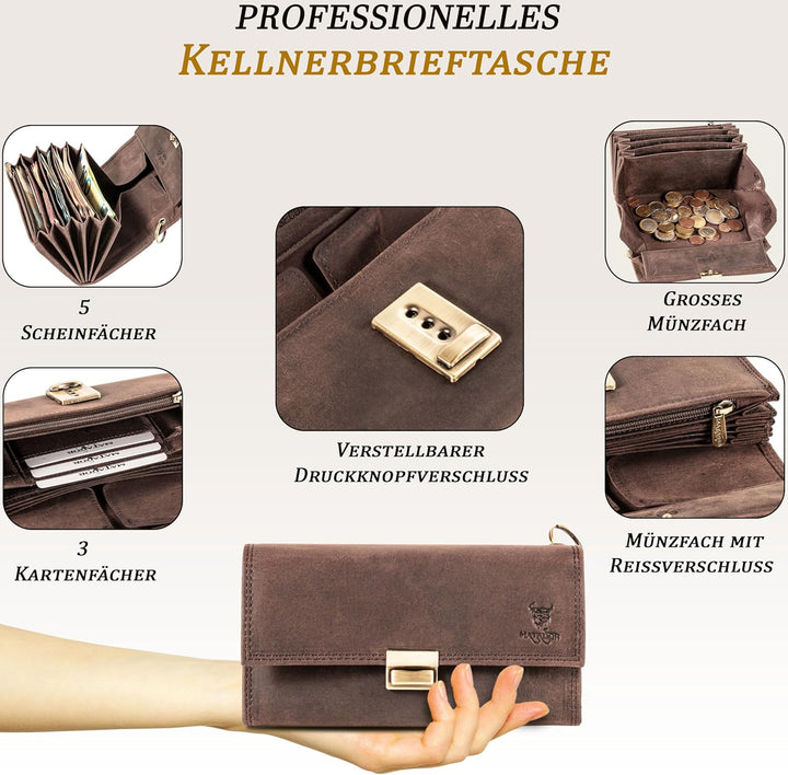 MATADOR Kellner Geldbörse Leder #VICIO inkl. robuster Metall Kette, Luxus Kellnerbörse Leder mit edl