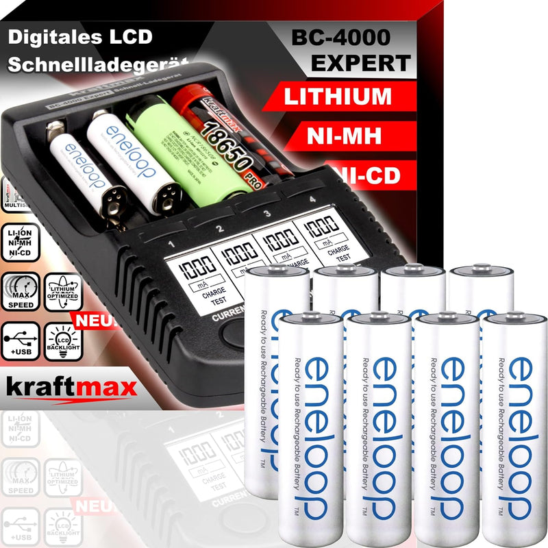 Original BC-4000 EXPERT Ladegerät + 8 Panasonic Eneloop Mignon AA Akkus - Set mit Ladestation und Ak