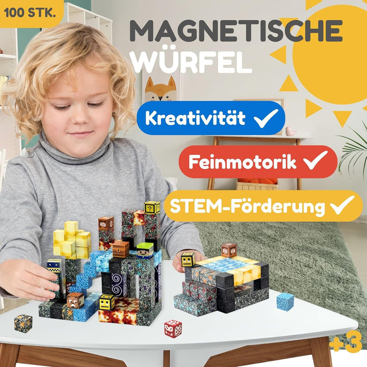 Mangetische Bausteine 100 Teile - Stem Spielzeug Magnetsteine ab 3 Jahre, Magnetwürfel inkl. Beutel
