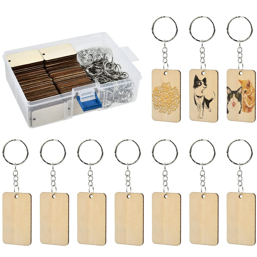 100 Stück 5*3cm Holzscheiben mit Loch und 100 Stück Schlüsselringe, Holz Schlüsselanhänger zum Bemal