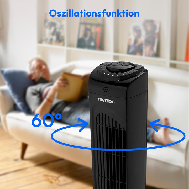 MEDION E11 TF Turmventilator mit Fernbedienung (3 Geschwindigkeitsstufen, leiser Schlafmodus, 45 Wat