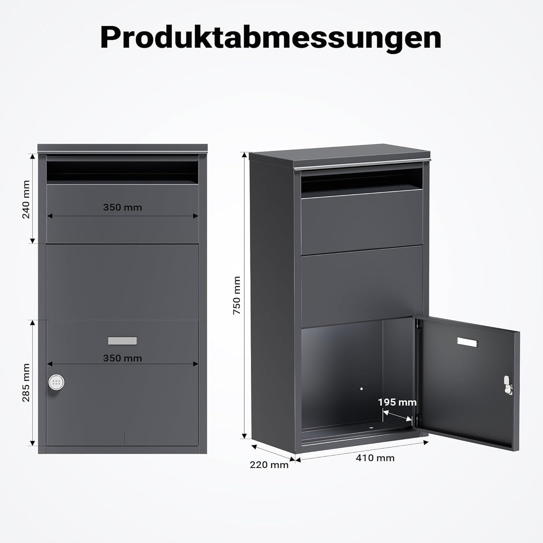 Wiltec Paketkasten grau 410 x 220 x 750 mm, Paketbox Zuhause, Private Paketannahme passend für Paket