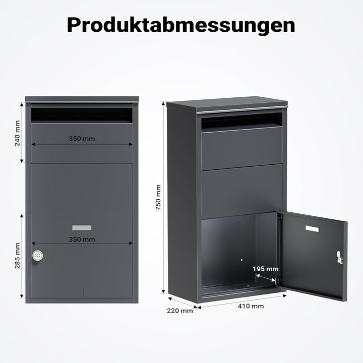 Wiltec Paketkasten grau 410 x 220 x 750 mm, Paketbox Zuhause, Private Paketannahme passend für Paket