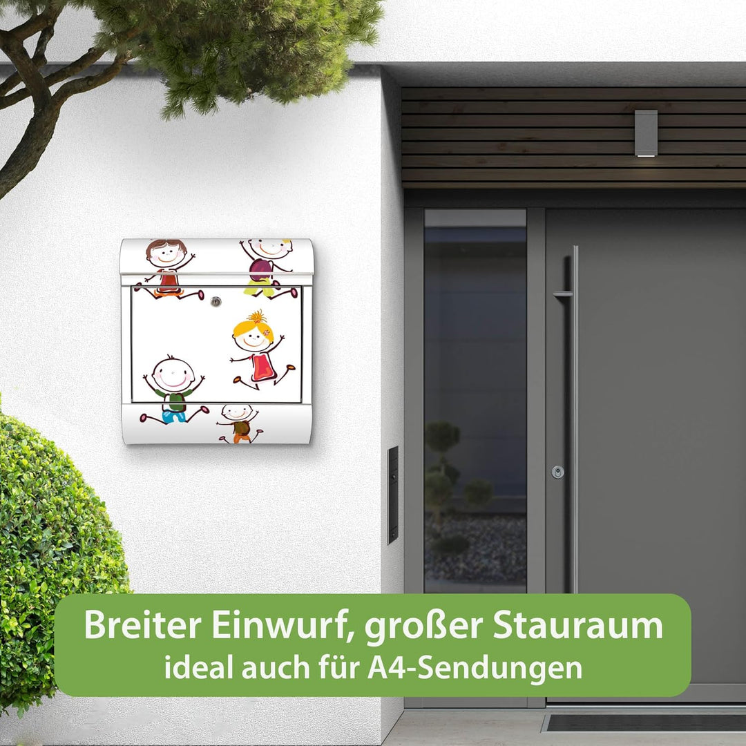 banjado® Briefkasten Edelstahl mit Motiv Happy Kids 38x43x12cm &amp; 2 Schlüssel - rostfreier Edelstahl