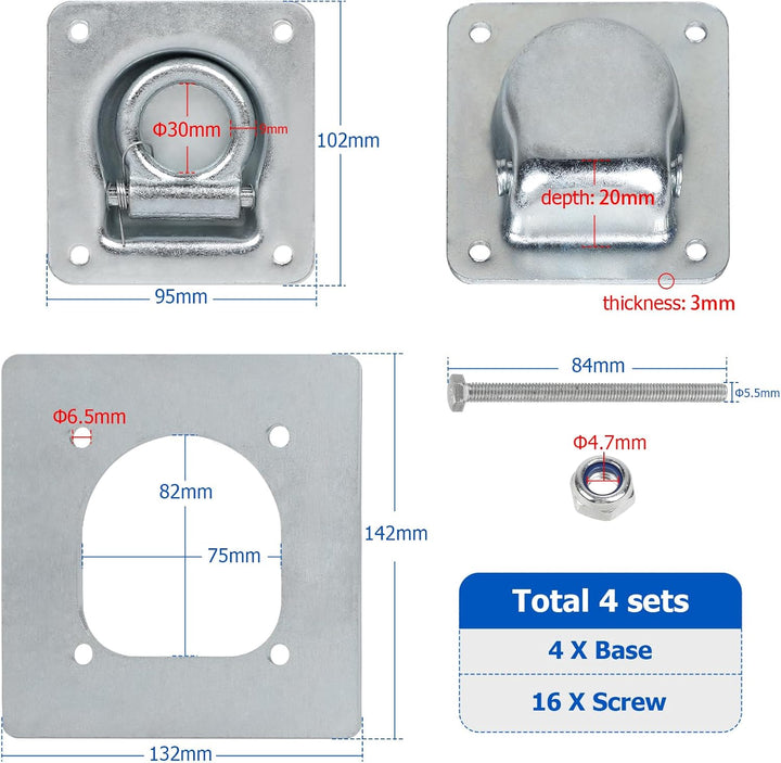 4pcs Zurrösen für Anhänger mit Gegenplatte & Schrauben, Zurrmulden Anhänger Ösen Verzinkte Verzurrös