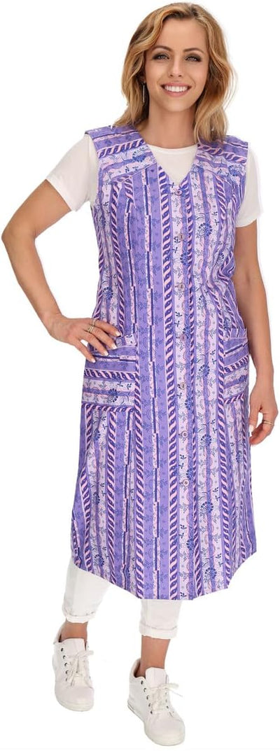 Knopfkittel Baumwolle bunt Kochschürze Hauskleid Kittel Schürze ohne Arm 38 violett, 38 violett