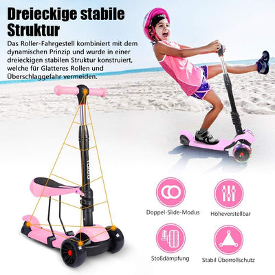 YOLEO 3-in-1 Kinder Roller Scooter mit Abnehmbarem Sitz, LED grosse Räder, Höheverstellbare Lenker f