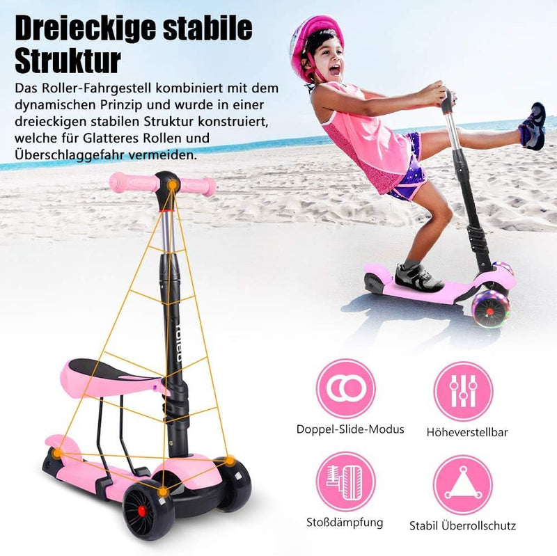 YOLEO 3-in-1 Kinder Roller Scooter mit Abnehmbarem Sitz, LED grosse Räder, Höheverstellbare Lenker f