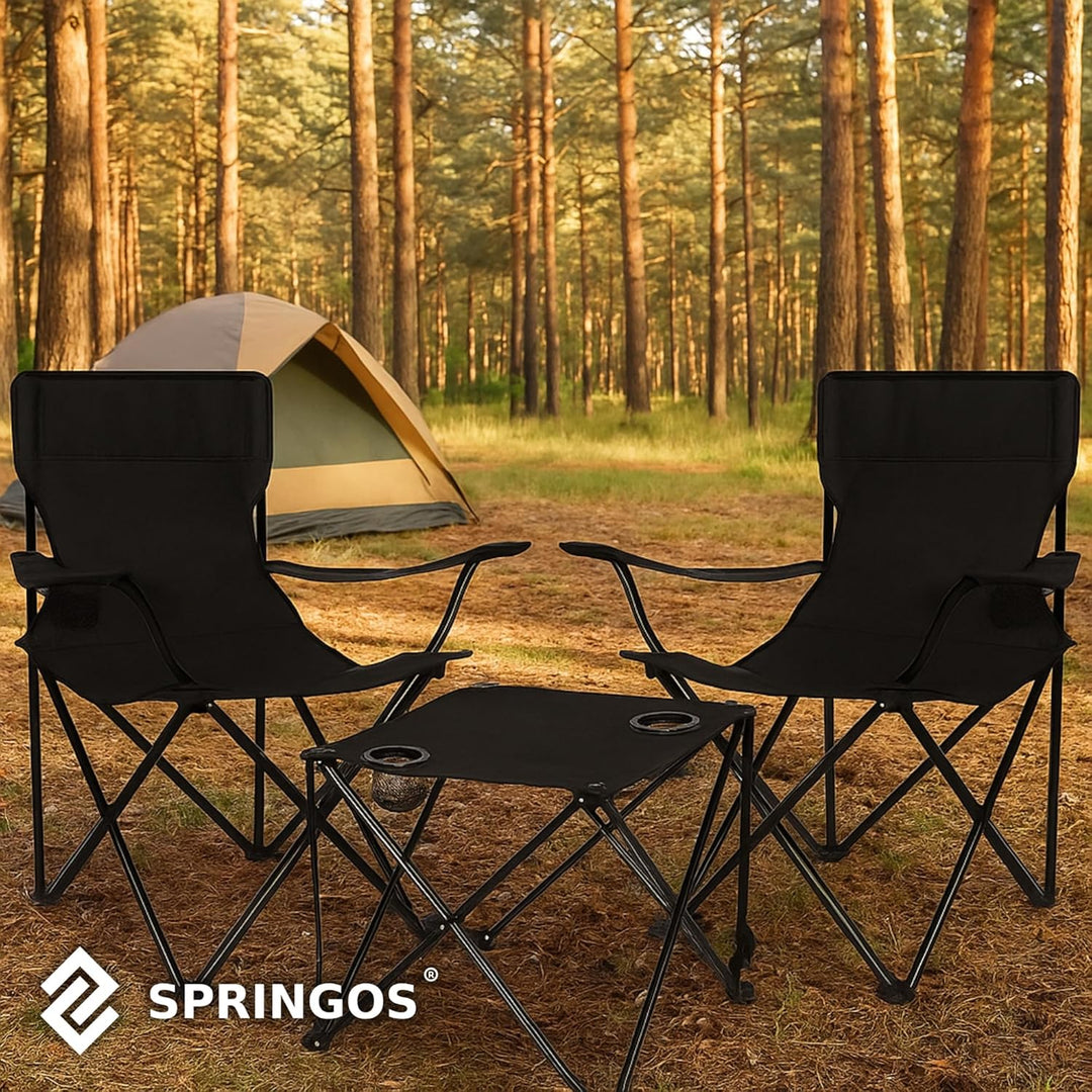 SPRINGOS Campingtisch mit Zwei Klappstühlen Freizeitmöbel Camping-Set 3-TLG. Schwarz, Set 3-tlg, Sch
