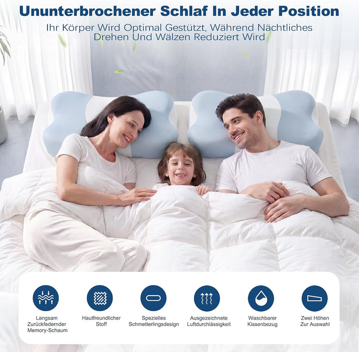 VYLEE Memory Foam Nackenkissen, Schmetterlingskissen Ergonomisches Kissen | 55.5 x 31 x (10,4 / 8,9)