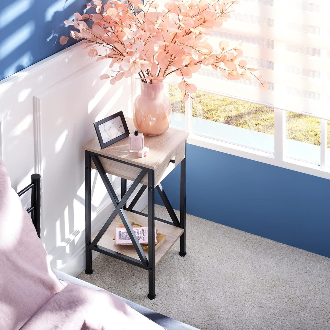 tectake Beistelltisch mit Schublade und Ablageflächen, Nachttisch Boxspringbett, Industrie-Design, 3