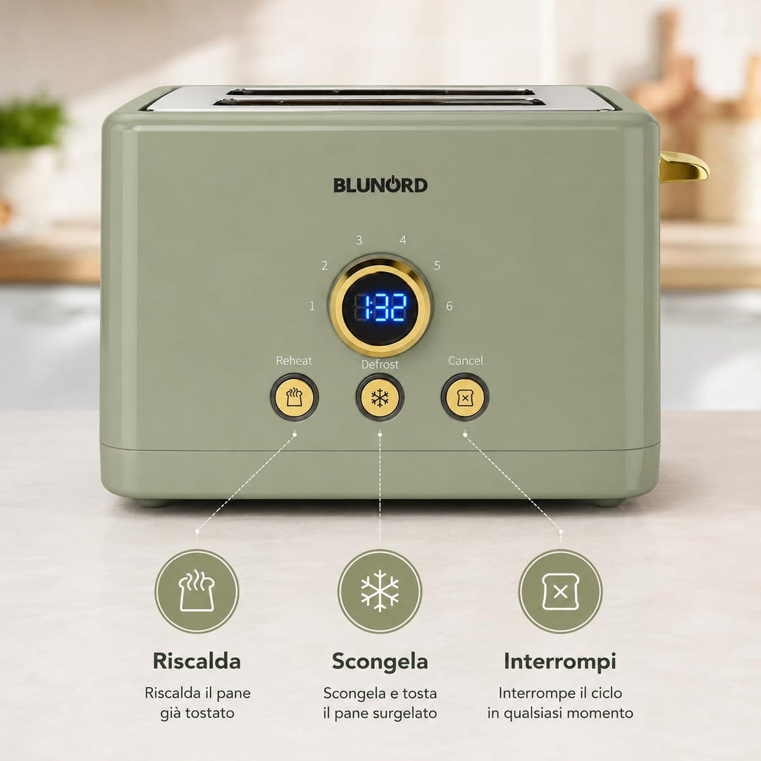 Toaster mit 2 Scheiben, digital, grün, 750 – 850 W, LED-Display, 6 Bräunungsstufen, Auftau- und Aufw