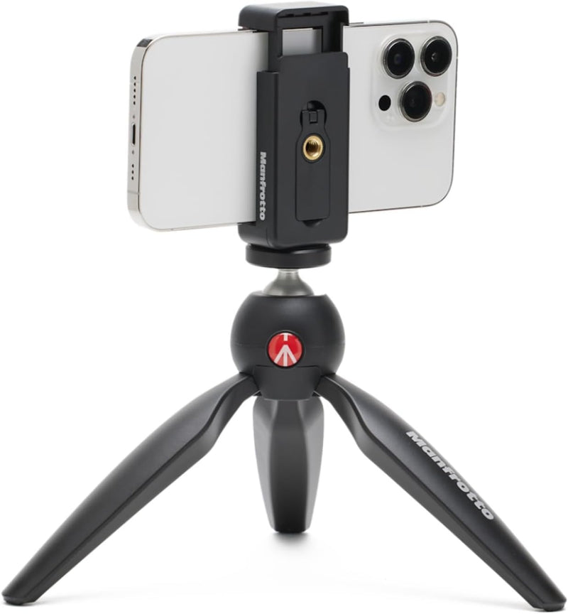 Manfrotto MKPIXICLMII-BK, Mini-Stativ mit universeller Smartphone-Klemme, Made in Italy, für iPhone