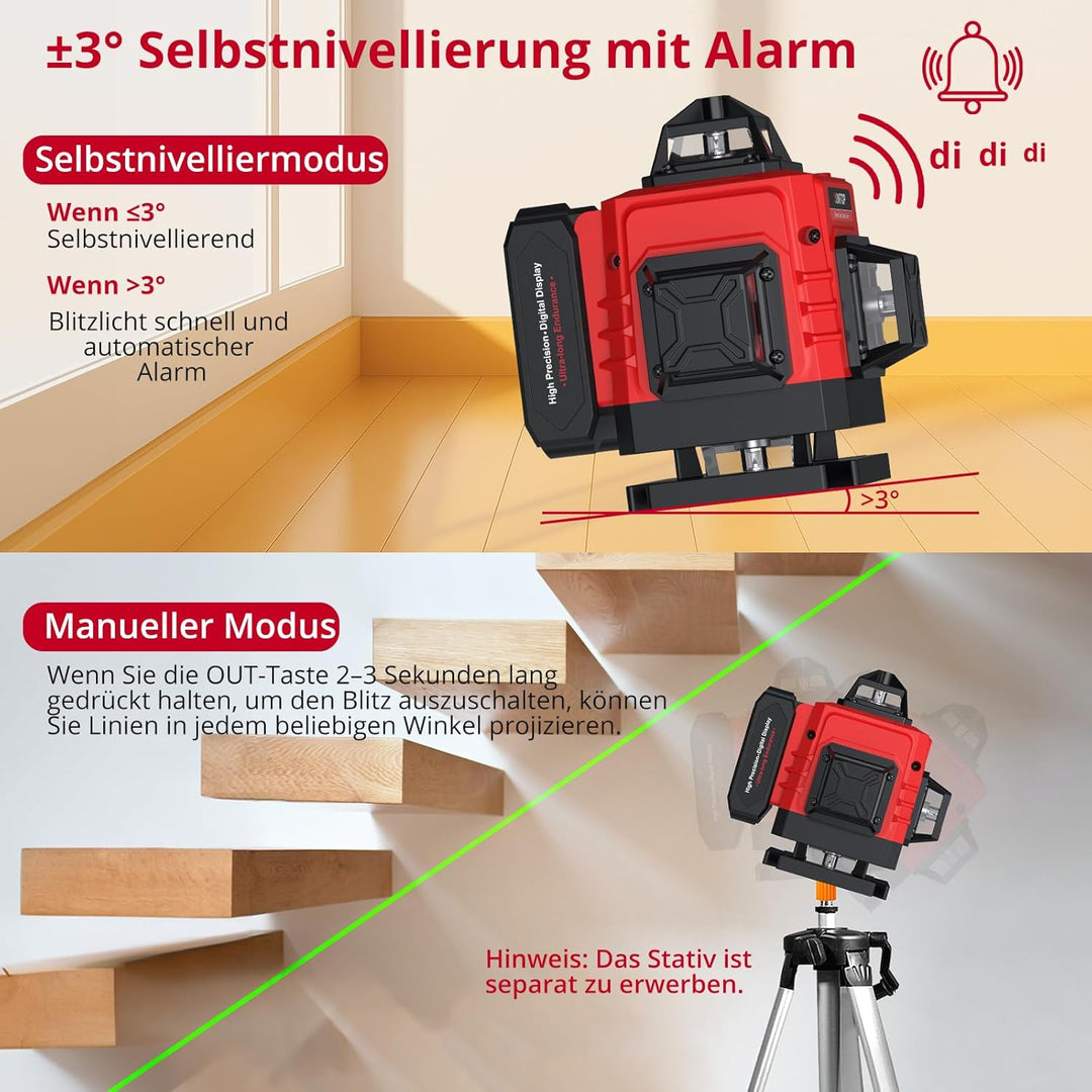 XUNTOP Laser Wasserwaage Selbstnivellierend Kreuzlinienlaser Grüner Selbstnivellierend 16 Linienlase