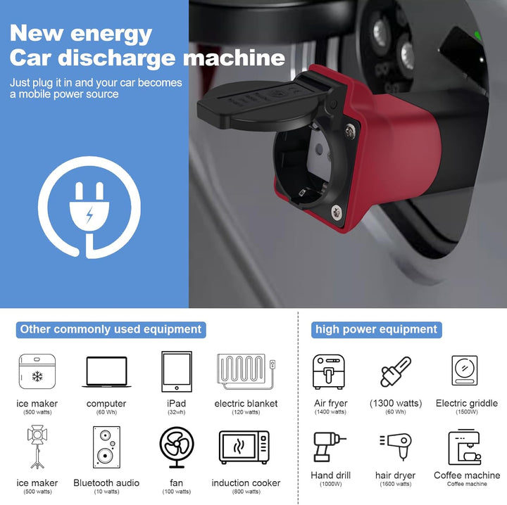 V2L Adapter für EV, 3,5 kW, 16 A, 220 V, Fahrzeugadapter zum Laden – Typ 2 auf Aussen-Schuko-Entlade