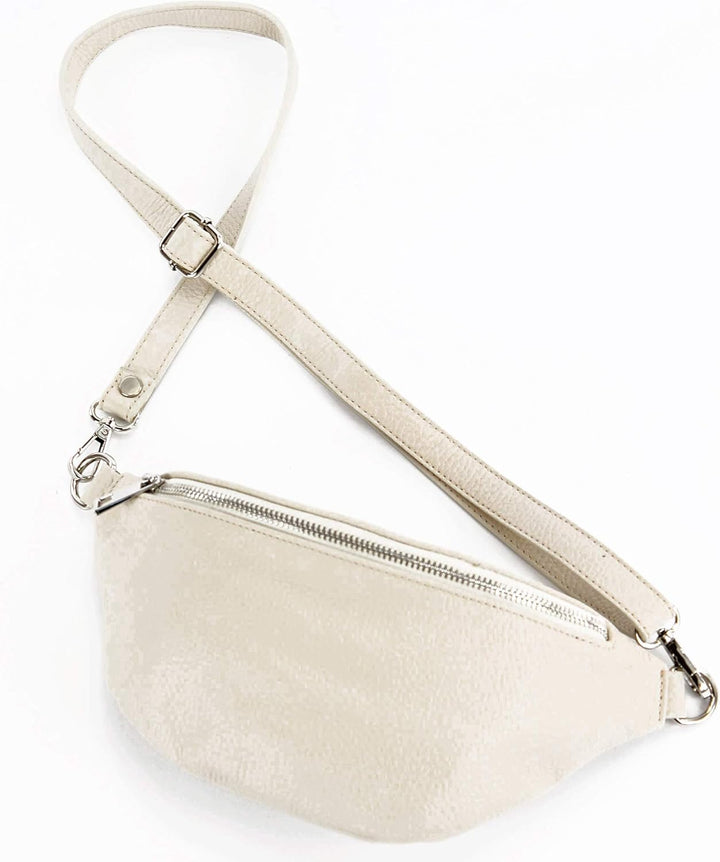 modamoda de - T211 - ital. Hüfttasche Bauchtasche Brusttasche Medium aus weichem Leder, Farbe:Creme,