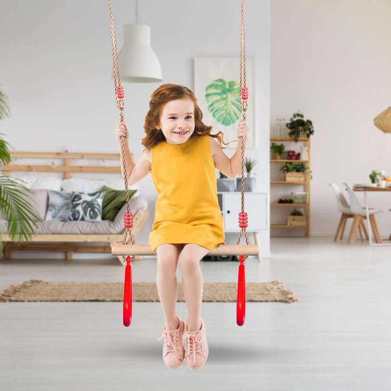 PELLOR Multifunktions Kinderholz Trapeze Schaukel mit Kunststoff Turnringe zum Aufhängen belastbar b