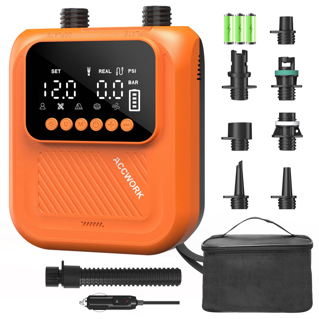 Accwork Elektrische SUP Pumpe mit Akku, 20 PSI wiederaufladbare Luftpumpe für SUP Board, Auto-Off, A