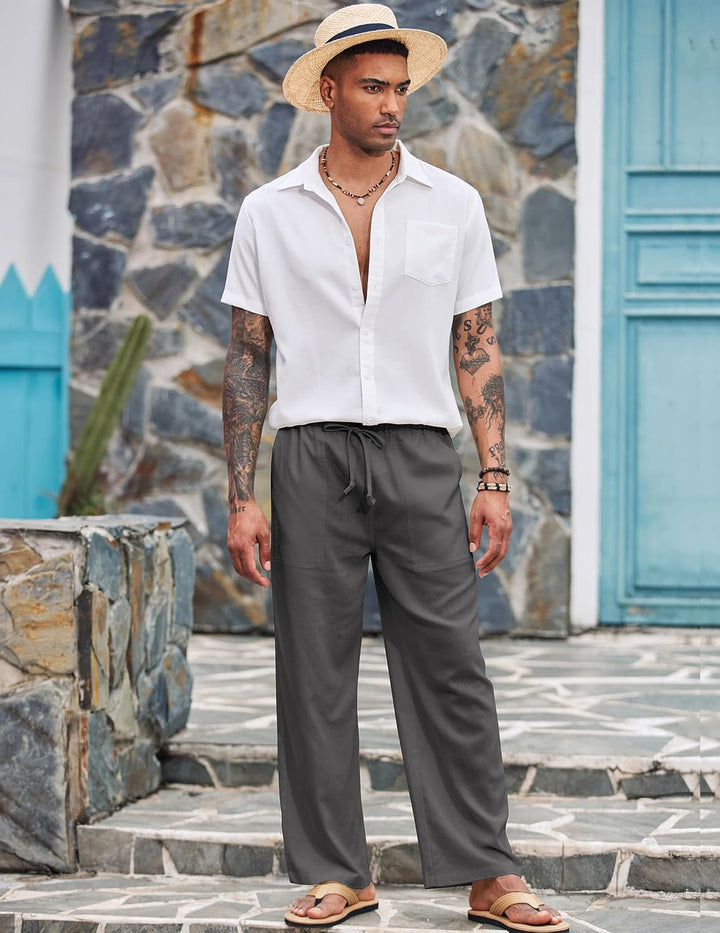 COOFANDY Leinenhose Herren mit Tunnelzug Herrenhose Leicht Sommerhose Freizeithose Einfarbig Leinen