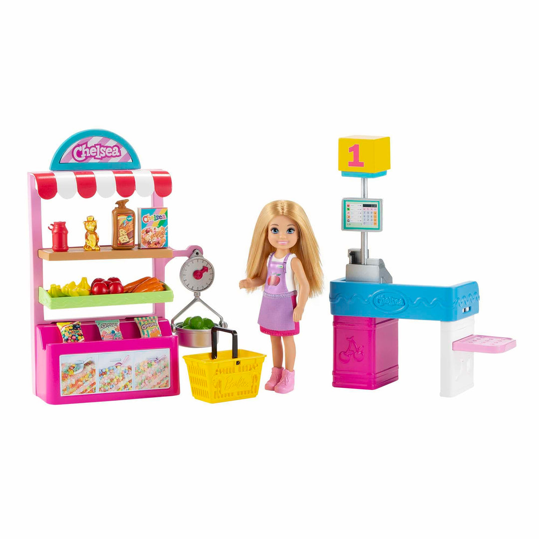 Barbie GTN67 - Chelsea-Karrierepuppe Blonde Chelsea-Puppe und Supermarkt Spielset, Spielzeug ab 3 Ja