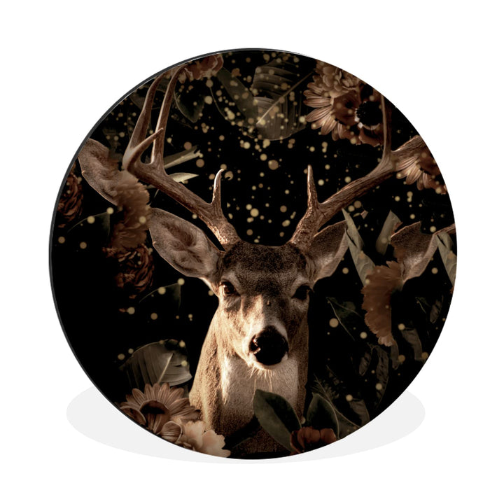 MuchoWow Wandbild Rund Wanddeko Deko Wohnzimmer Bilder 90x90 cm Hirsche - Blumen - Licht - Botanisch