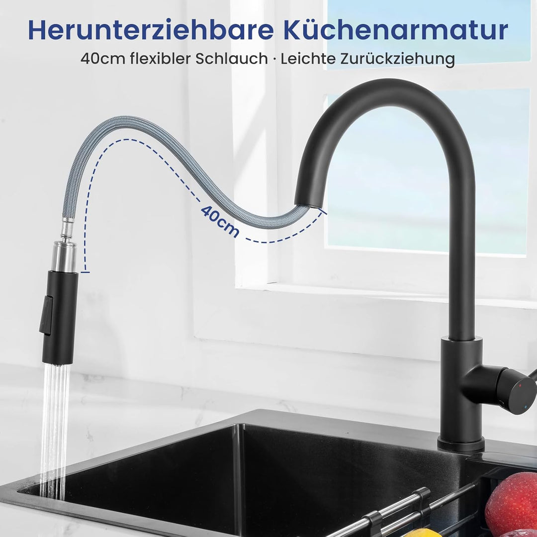 CECIPA Wasserhahn Küche Schwarz, Hochdruck Küchenarmatur mit Brause Ausziehbar Armatur, Mischbatteri
