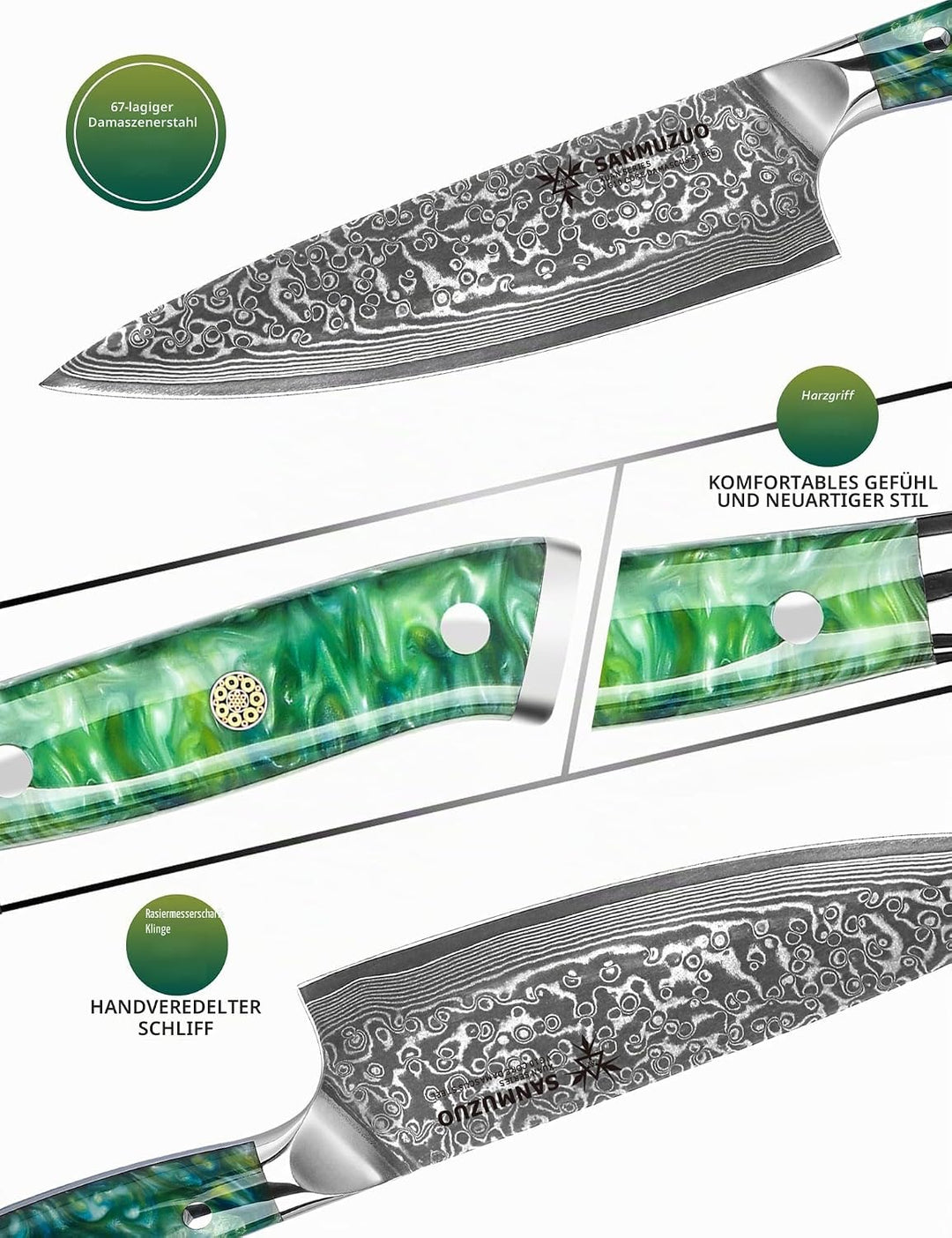 Kochmesser - 20cm - Xuan Serie - VG10 Damaskus Stahl Küchenmesser - Harzgriff(Smaragdgrün), Smaragdg