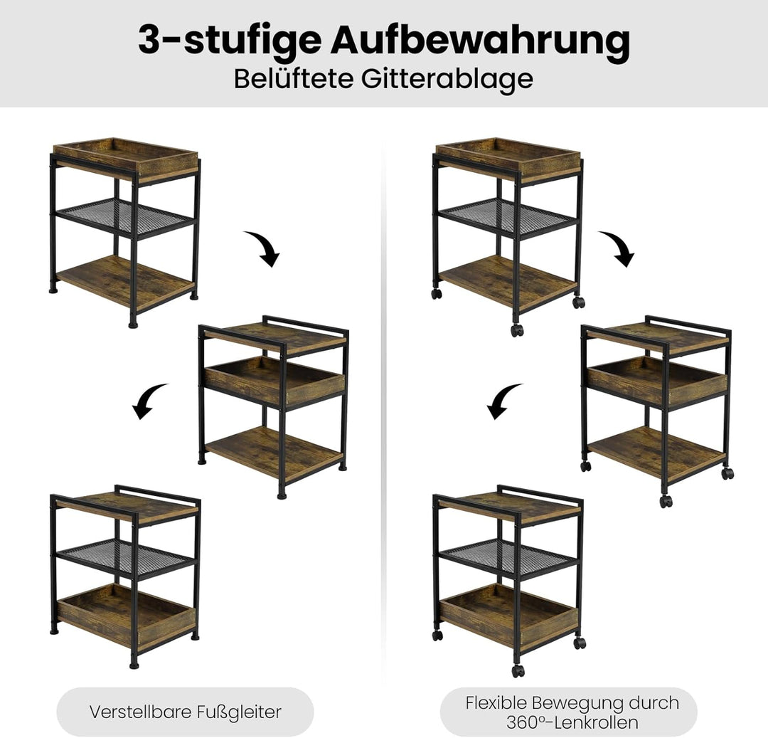 WOLTU Beistelltisch Couchtisch Sofatisch Nachttisch, mit Rollen, feststellbar, 3 Ablagen 1 abnehmbar