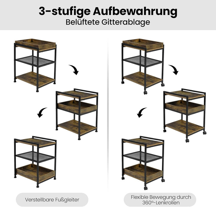 WOLTU Beistelltisch Couchtisch Sofatisch Nachttisch, mit Rollen, feststellbar, 3 Ablagen 1 abnehmbar