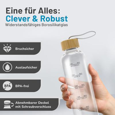 Amalindo Trinkflasche Glas 1L Bruchsicher (Borosilikatglas) - Glasflasche 1 Liter Schraubverschluss
