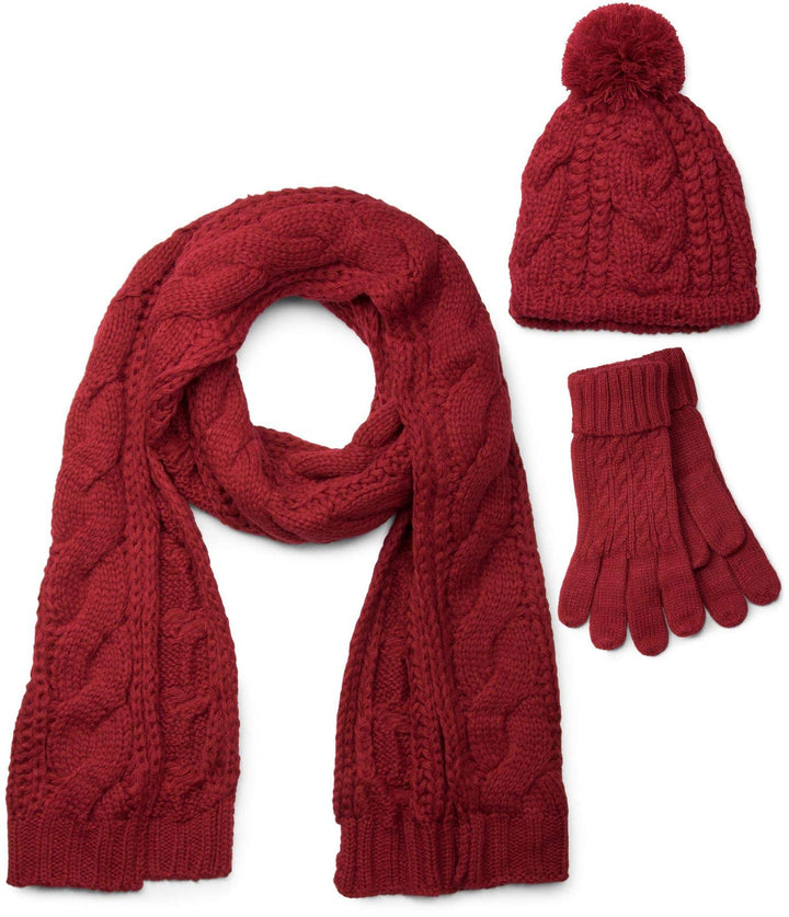 styleBREAKER Schal, Mütze und Handschuh Set, Zopfmuster Strickschal mit Bommelmütze und Handschuhe,