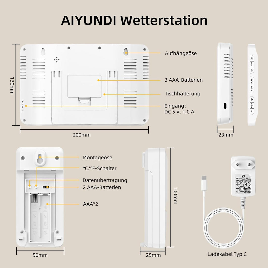 Wetterstation Funk mit 1 Aussensensoren, Farbdisplay - Präzise Wettervorhersage, Innen/Aussen Temper