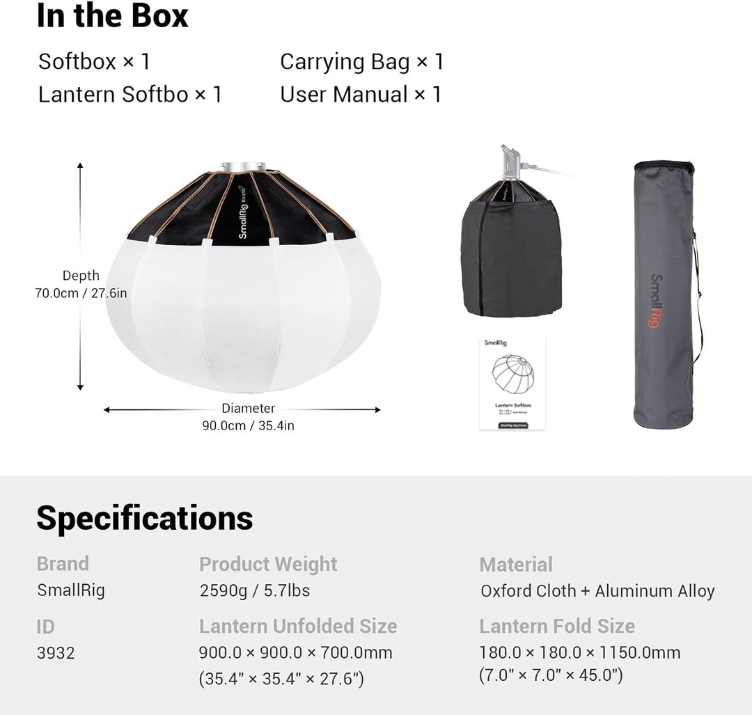 SMALLRIG Laterne Softbox 90cm/35.4", Bowens Mount Softbox mit Klettverschluss Typ Flexible Barndoor