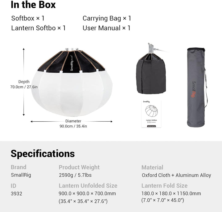 SMALLRIG Laterne Softbox 90cm/35.4", Bowens Mount Softbox mit Klettverschluss Typ Flexible Barndoor