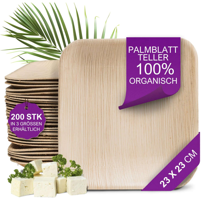 Waipur Bio Palmblatt Geschirr - 200 Teller eckig 23x23 cm - Premium Einweg Geschirr kompostierbar -