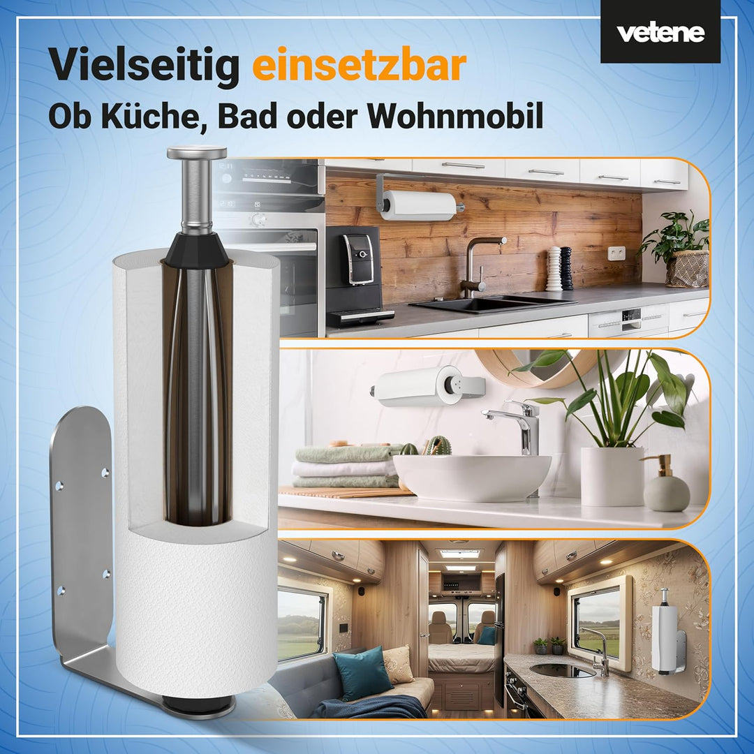 vetene® Premium Küchenrollenhalter ohne Bohren [Zum Einhändig Abreissen] – Edelstahl Silber – mit Ab