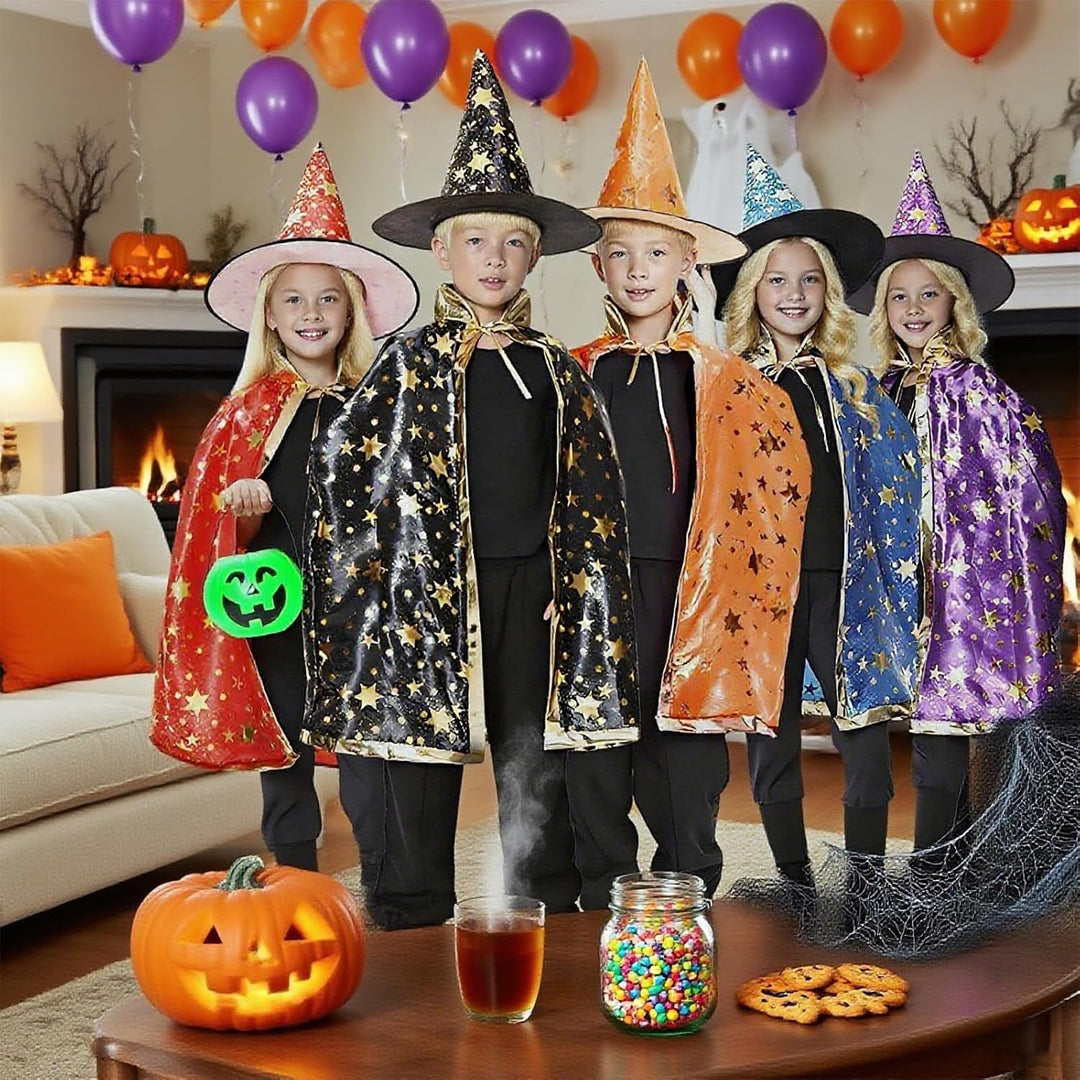 Zauberer Kostüm Kinder,4 Stück Zauberumhang Hexenhut Zauberstab Maske,Halloween FaschingskostüMe für