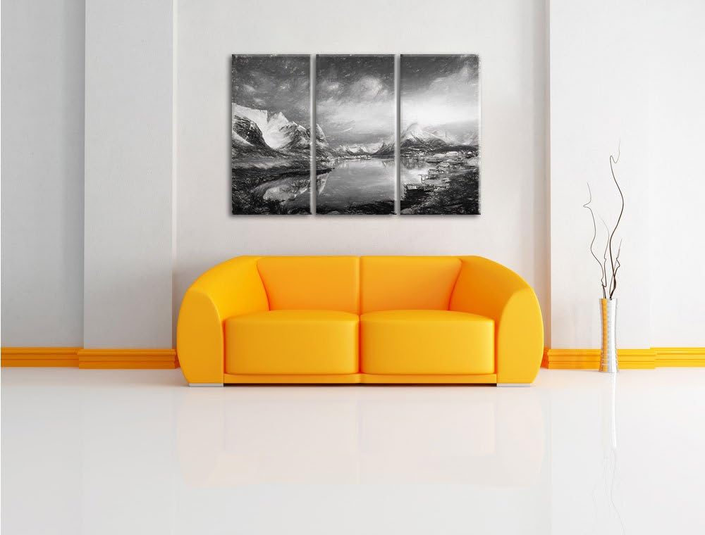 Pixxprint Schneelandschaft in einem Dorf in Norwegen Kunst Kohle Effekt 3-Teiler Leinwandbild 120x80
