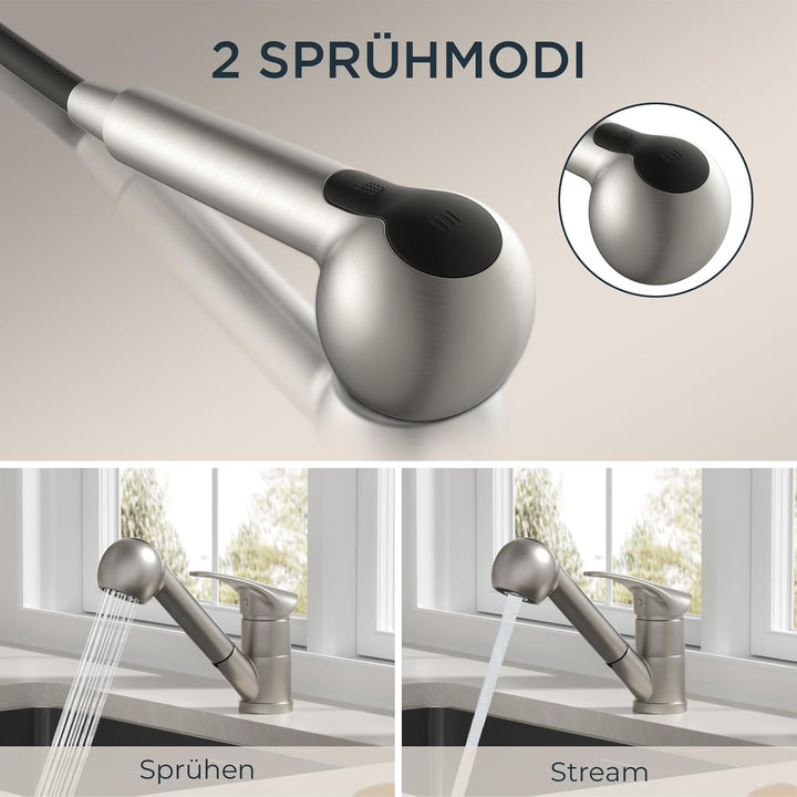 FORIOUS Wasserhahn Küche, Edelstahl Spültischarmatur mit Brause, Einhebelmischer Küchenarmatur, 360°